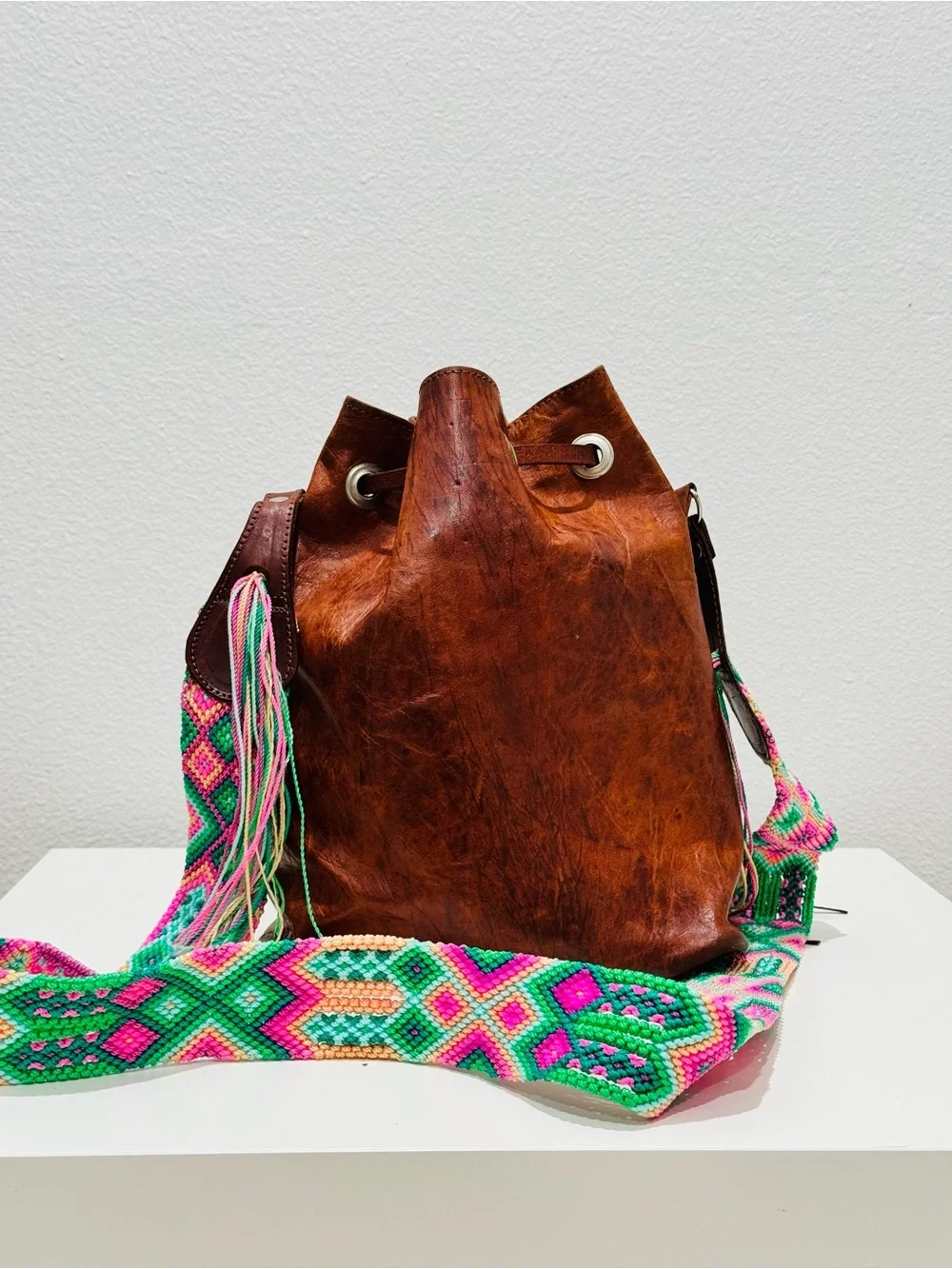 Vintage dark brown bohemian hippie leather bucket with macrame braided strap